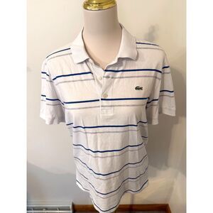 Lacoste White Blue Gray Striped Cotton Polo Shirt Size 4